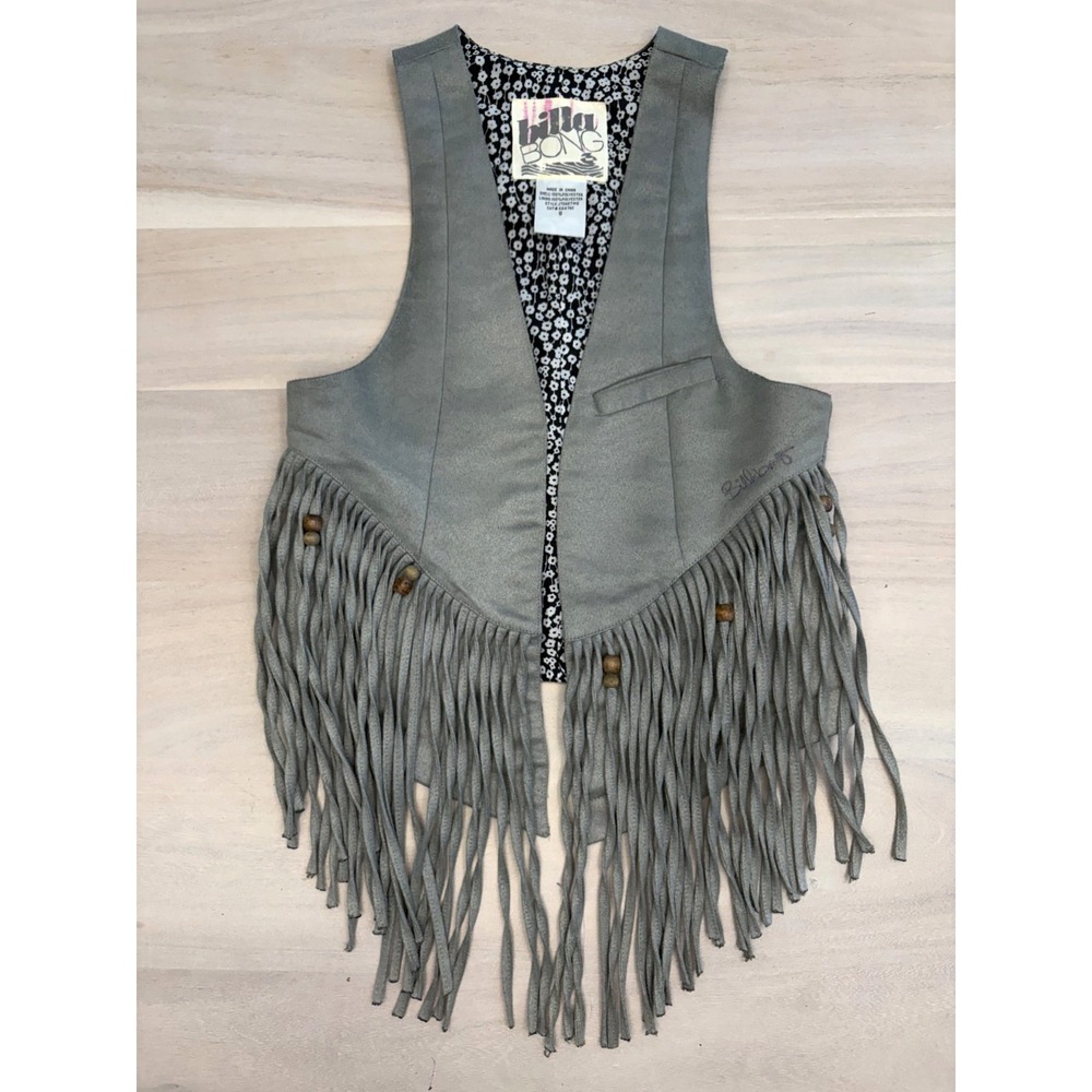 Billabong Grey Suede Fringe Tassel Vest Wood Beads Western Boho Festival Cowgirl
